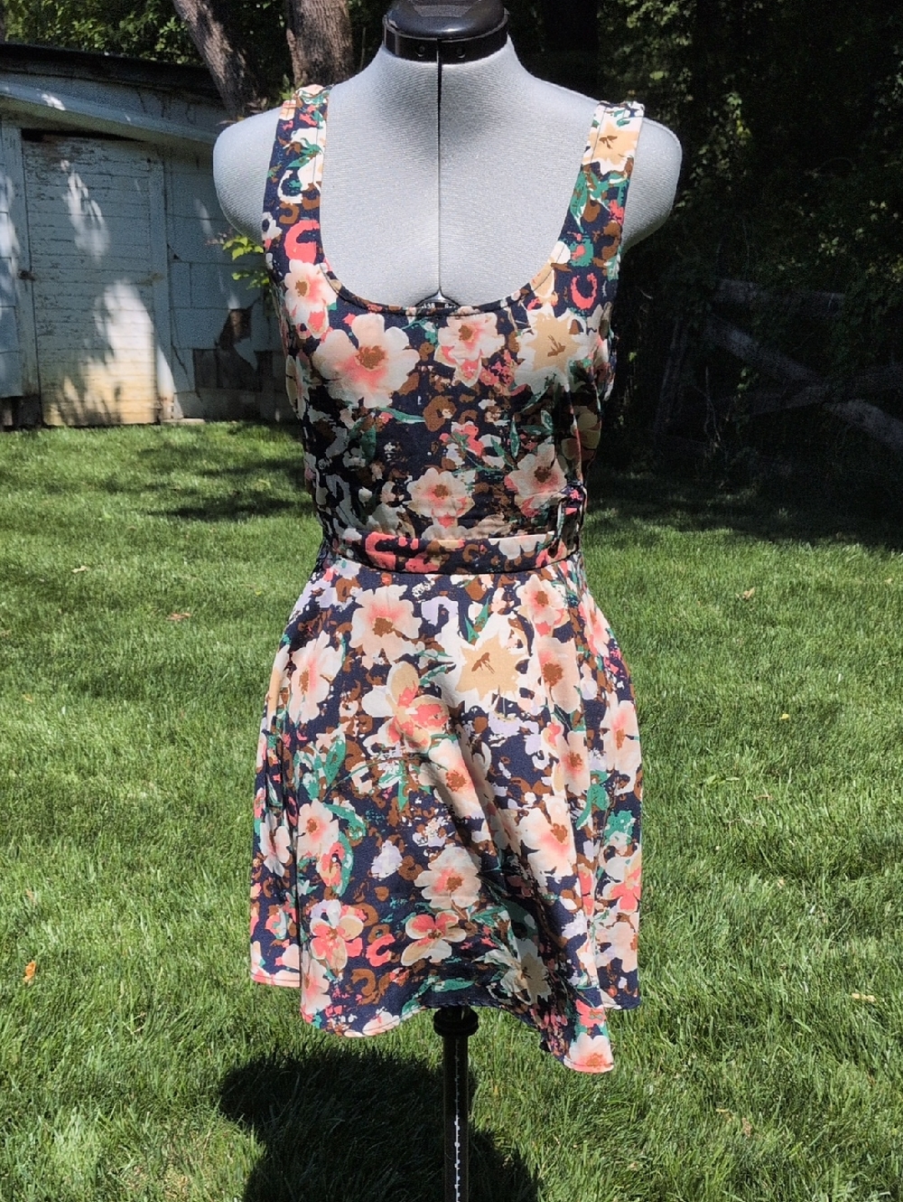 Lucca Couture Floral Scoop Neck Mini Dress - Navy, Pink & Cream